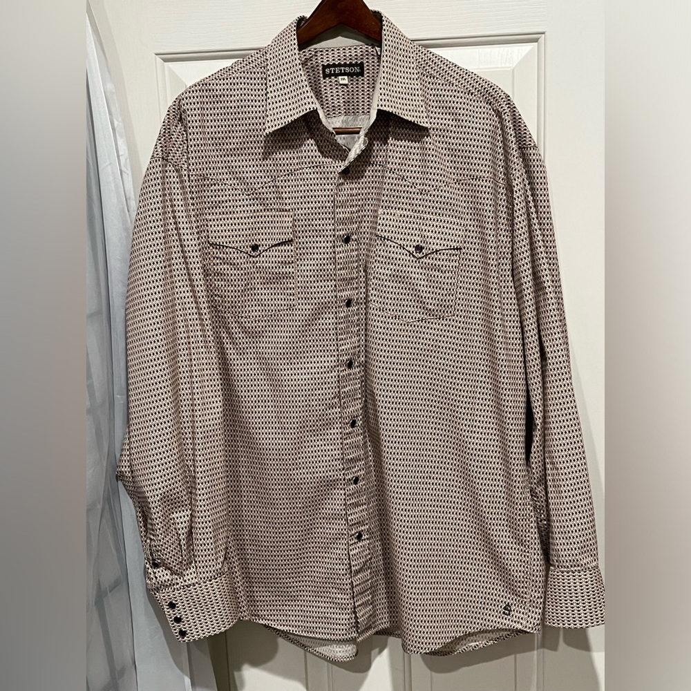 Stetson CREAM WESTERN Shirt with Navy and Rust Geometric Print SNAP FRONT 2XL